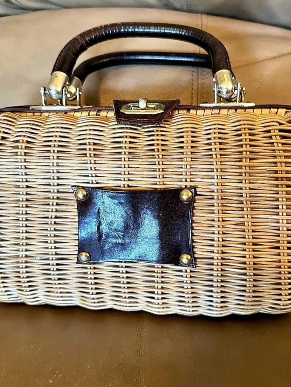 Vintage Woven Basket Tote in Brown & Cream